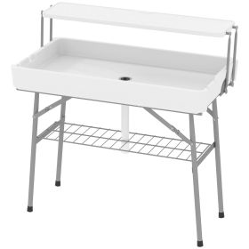 3.5ft Folding Ice Cooler Table with Drain, 2-Tier Outdoor Patio Party Cooler, Fishing Cleaning Table with Storage Shelf for Picnic BBQ Camping We